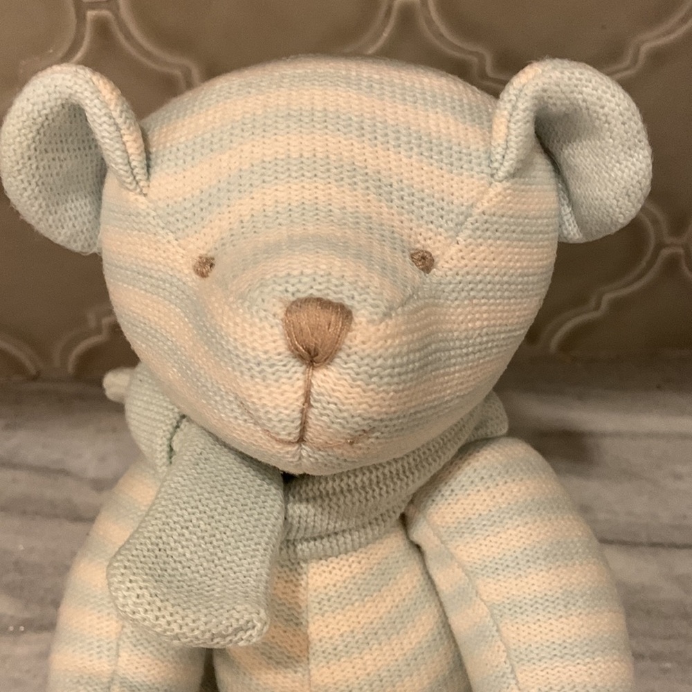 Hobby Lobby Teddy Bear 16”Knit Plush Stuffed Animal Baby Toy Blue Stripe Scarf